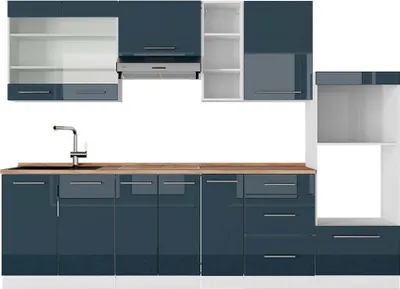 Produktbild von Küchenzeile Vicco Fame-Line Dunkelblau Hochglanz/Weiß 280 cm , AP Eiche, Model 49041
