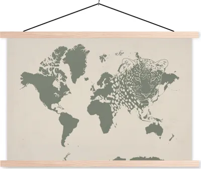 Produktbild von MuchoWow® Textilposter Weltkarte - Tiere - Leopard 60x40 cm mit holzfarbenen Rahmen - Bilder