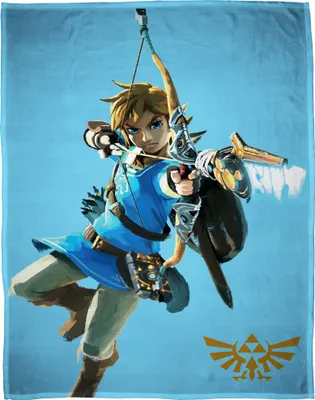A character from The Legend of Zelda game is depicted aiming a bow and arrow.