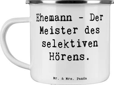 Produktbild von Mr. & Mrs. Panda Blechtasse Spruch Ehemann Meister - Weiß - Geschenk, besondere Anlässe, becher emaille, Pott, Freude, Teetasse, Alltag, Lächeln, Lebenspartner, Humor