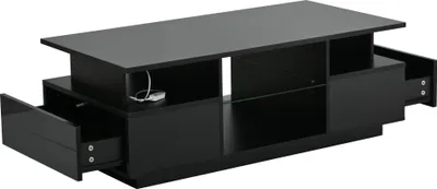 Produktbild von okwish Couchtisch Hochglanz – Wohnzimmertisch Beistelltisch mit Zwei Schubladen – Glasablagen mit LED Beleuchtung Wohnzimmer – Schwarz