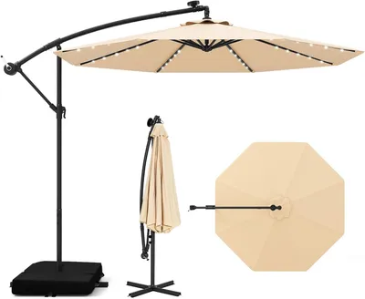 Produktbild von COSTWAY Sonnenschirm 350cm mit Ständer, LED-Leuchten & Kurbel, Ampelschirm, Gartenschirm, UV-Schutz, Marktschirm, Terrassenschirm Beige