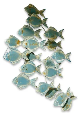 Produktbild von Wandornament Pesce, dekorativer Fischschwarm, kunstvoll gefertigt, maritimes Flair, Wanddeko, Wandobjekt, Eisen, graublau
