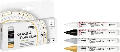 A product shot showing the packaging of KREUL Glass & Porcelain Pen Glamour set on the left, and the four individual pens on the right.