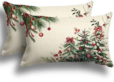 Produktbild von Unyqoos® 2er-Set Leinen-Kissenbezüge Weihnachten, 30 x 50 cm, Mischgewebe natürlicher Fasern, unsichtbarer Reißverschluss, Dekokissen für Sofa & Bett