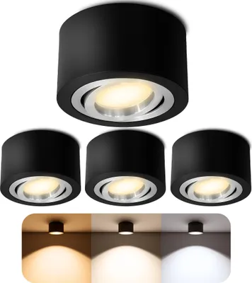 A set of four black and silver LED ceiling spotlights, with a separate row of images showing different light color temperatures.