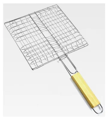 Produktbild von Grillgitter mit Holzgriff | BBQ Grillkorb für Fisch, Gemüse, Steak und Garnelen | 23 x 21 cm Grillrost aus Metall | Gemüsekorb und Grillwender