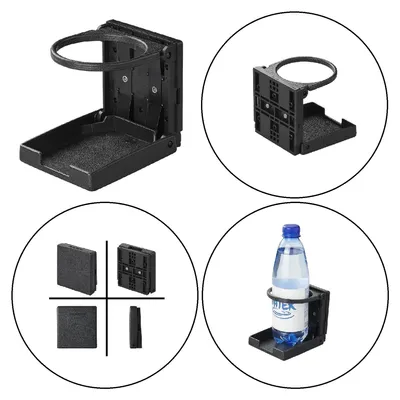 A collage of images showing a black foldable car cup holder from different angles and in use with a bottle.