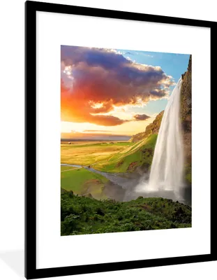 Produktbild von MuchoWow® Gerahmtes Poster Wasserfall - Felsen - Sonnenuntergang - Berge - Orange 60x80 cm - Poster mit Schwarzem Bilderrahmen Wandposter Rahmen Foto Bilder - Wohnzimmer - Dekorationen - Prämie