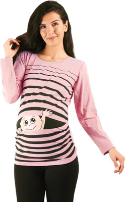 Image de T-shirt de grossesse manches longues bébé qui fait coucou – vêtement de grossesse femme, 95 % coton, rose, taille M