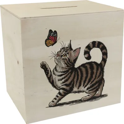Produktbild von Katze mit Schmetterling Spardose aus Holz für Tierliebhaber