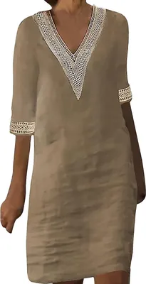 Produktbild von ASKSA Damen Kurzarm Sommerkleid Knielang A-Linie Kleider Casual Strandkleider Freizeitkleid, Khaki, 2XL