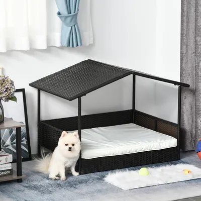 Produktbild von Hundeliege PE-Rattan mit Dach erhöht, Hundebett Outdoor wetterfest, Polyrattan Stahl Polyester, Kaffee-Braun | 98x69x70 cm | bis 50 kg | rutschfest