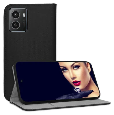 A black book-style phone case is shown open, with a smartphone displaying an image of a woman's face.