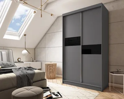 Obrázek produktu pro Moderní Šatní Skříň Šedá s Posuvnými Dveřmi 120 150 180 200 cm - Grafitová Matná Šatní Skříň do Ložnice s Posuvnými Dveřmi - Šatní Tyč - 120 cm - Šedá