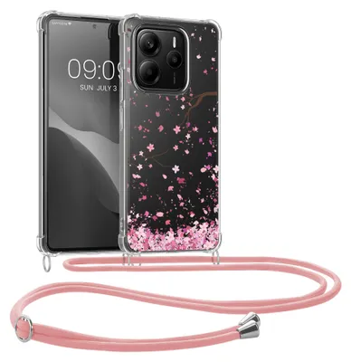 Produktbild von kwmobile Necklace Case kompatibel mit Xiaomi Redmi Note 14 5G (Nicht für 4G) Hülle - Silikon Cover mit Handykette - Rosa Dunkelbraun Transparent