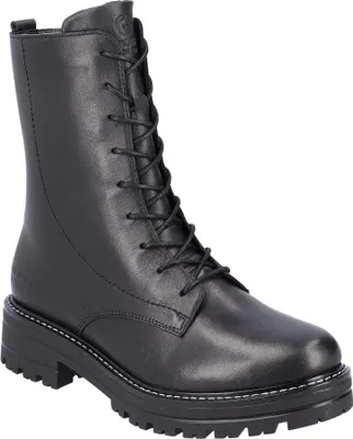 A black leather lace-up boot.