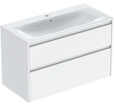 Produktbild von Geberit Renova Plan Set Möbelwaschtisch schmaler Rand, mit Unterschrank, zwei Schubladen: 100x62.1x48cm, Breite Waschtisch=100cm, Waschtisch: weiß / KeraTect, Korpus, Front: weiß / lackiert seidenglänzend