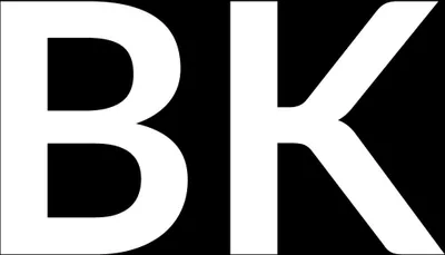 The image displays the letters 'BK' in large white font against a black background.
