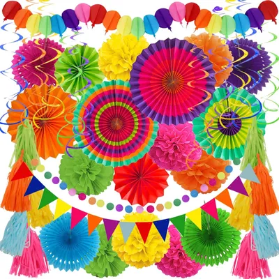 Immagine prodotto di 41 pezzi di decorazioni colorate per feste, con pompon di carta e ghirlande