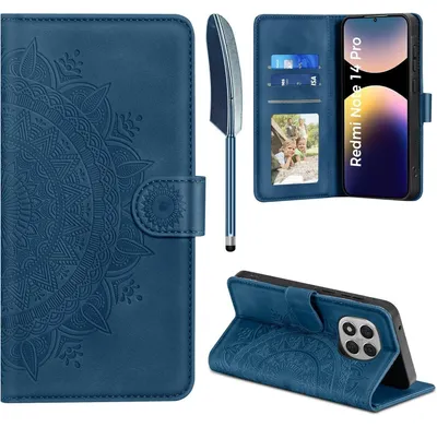 Zdjęcie produktu dla Etui typu flip wallet do telefonu Xiaomi Redmi Note 14 Pro 5G, wykonane z materiału przypominającego skórę PU, w ciemnoniebieskim kolorze, z przegródkami na karty
