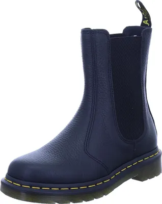 A single blue Dr. Martens Chelsea boot is shown against a white background.