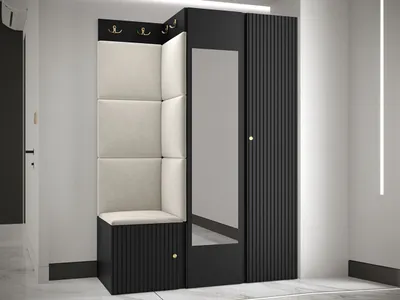 Produktbild von MIRJAN24 Garderoben-Set Orion Ryfel Slim XXIV, Kleiderschrank, Schuhschrank, Kleiderhakenbrett, 7x Paneel 42x42, Spiegel, 8 Kleiderhaken, Metallgriffe (Farbe: Schwarz, Manila 02)