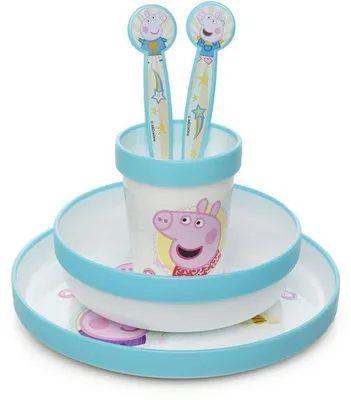 Imagen del producto de Set de comida para niños de 5 piezas - THERMOBABY - Peppa Pig - Incluye: plato, cuenco, vaso, cuchara y tenedor - Color azul
