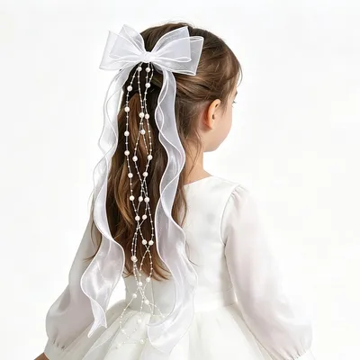 Produktbild von Mädchen Haarschleier für die erste Heilige Kommunion, weiße Perlen, Brautjungfernhaarschmuck mit Schleife,Brautaccessoire für Hochzeiten