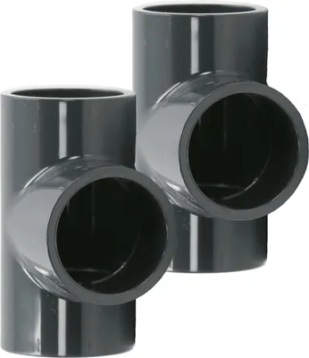 Produktbild von HAF 2x PVC Fittings T-Stück 90° mit 63mm | Klebemuffe x Klebemuffe x Klebemuffe | Verbinder aus grauem PVC-U | PN16 für PVC Rohr und Poolverrohrung