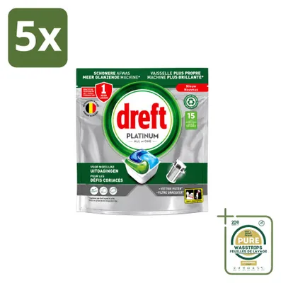 Produktbild von 5 x Dreft Platinum All-in-One Spülmaschinencaps - Vorratspackung - 5 Stücke