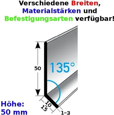Produktbild von Sockelleiste | Edelstahl | Silber | Breite 10 mm | Höhe 50 mm | Länge 2500 mm | Materialstärke 1 mm | Gebohrt | Fußleiste | 1 Stück