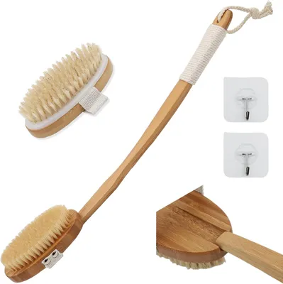 Produktbild von 51 cm lange Duschbürste für den Rücken mit abnehmbarem Griff, Bade- und Körperbürste mit Naturborsten, 2 Stück, zur Massage, zum Peeling und zur Entfernung abgestorbener Haut bei Cellulite