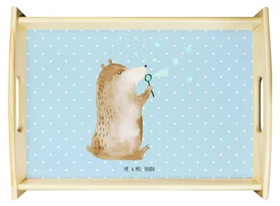Produktbild von Mr. & Mrs. Panda Servier Tablett Bär Seifenblasen - Blau Pastell - Geschenk, Serviertablett, Teddy, holz, Bett-Tablett, Lustig Sein Glücklich Traurig Happy, Küchentablett