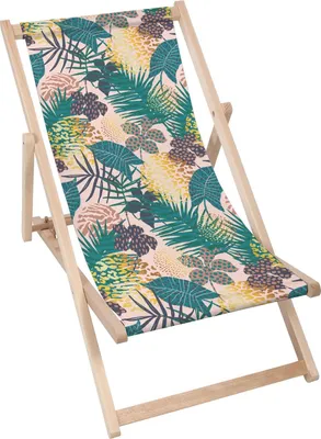 A foldable wooden deck chair with a jungle leaf pattern.