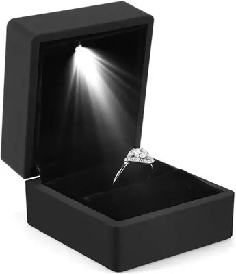 Image de Boîte à bijoux avec miroir - Coffret de rangement pour bijoux - Idéal pour les bagues - Noir - Éclairage LED - Compartiments - Parfait pour les demandes en mariage - Jour de la Saint-Valentin - Cadeau d'anniversaire