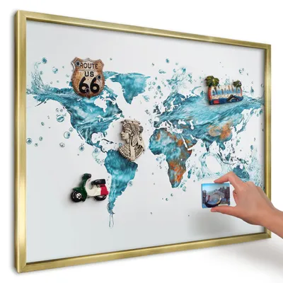 Produktbild von Magnettafel 70x50 cm mit goldenem Rahmen - Magnetische Metalltafel, Magnetpinnwand zur Wandmontage für Wohnzimmer, Küche, Flur, Kinderzimmer und Büro - Wasserkarte