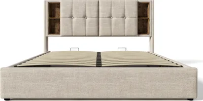 Produktbild von Flieks Polsterbett 140x200cm mit USB & Typ C, Hydraulisches Boxspringbett Stauraumbett mit Lattenrost, Doppelbett Jugendbett Holzbett, Leinen, Beige