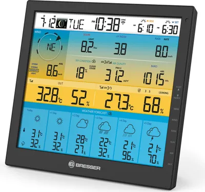 A digital weather station displaying various weather data and forecasts.