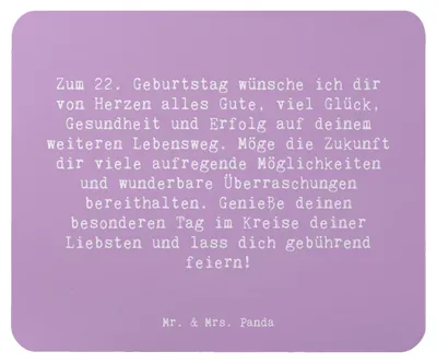 Produktbild von Mr. & Mrs. Panda Mauspad Spruch 22. Geburtstag - Lavendeltraum - Geschenk, laptop, Meilenstein, Alter, Herzlichen Glückwunsch, computer, besonderer Tag, Happy Birthday