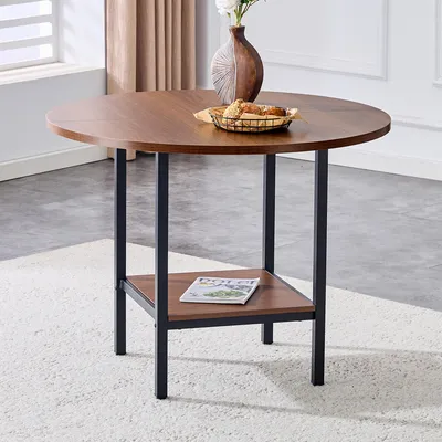 Produktbild von Runder Esstisch 100 cm mit Stauraumregal – Moderner Tisch in Walnuss-Holzmaserung, Metallrahmen, 4-6 Personen, für Küche, Esszimmer & kleine Räume, 100x100x77 cm