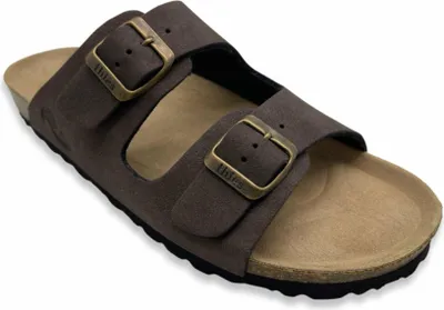 Produktbild von Damen Sandalen Braun mit zwei breiten Riemen und Schnallen, flache Sohle