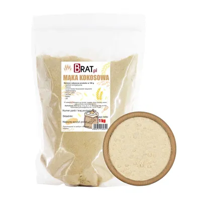 A bag of coconut flour with a small bowl of flour in the foreground.