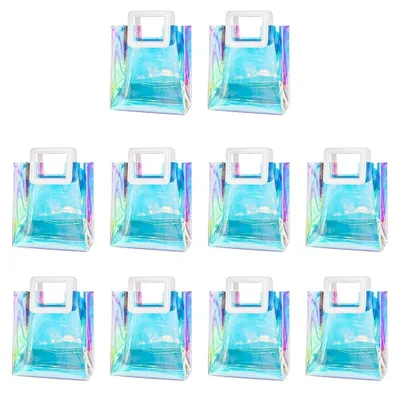 Immagine prodotto di Sacchetti regalo, 10 pezzi - PVC olografico - Riutilizzabili - Impermeabili - Articoli per feste - 20x18x10 cm - Design trasparente iridescente - Sacchetti per regali