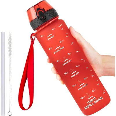Productafbeelding van Sportfles 1000 ml, rood, BPA-vrij, gemaakt van Tritan, lekvrij, met draagriemen en een rietjesdeksel