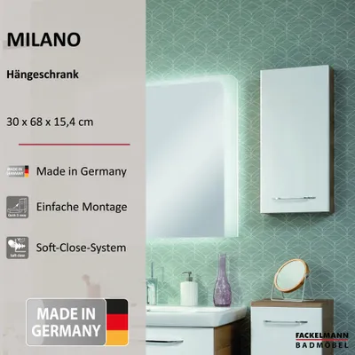 Produktbild von FACKELMANN Hängeschrank MILANO / Badschrank mit Soft-Close-System / Maße (B x H x T): ca. 30 x 68 x 15 cm / Schrank fürs Bad mit 1 Tür / Türanschlag frei wählbar / Korpus: Braun hell / Front: Weiß