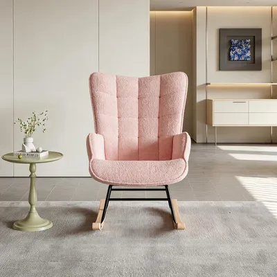 Produktbild von INONEFT Schaukelstuhl Relaxsessel Stillsessel, Schaukelsessel mit Armlehnen und Holzsockel,Teddystoff, Rosa, 75 x 68 x 92 cm