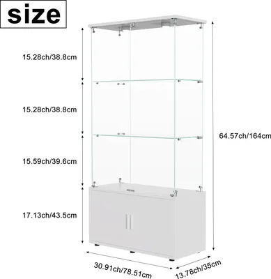 Obrázek produktu pro Moderní vitrína – skleněná stojací vitrína – 4 police – 2 uzamykatelné dvířka – LED osvětlení – sklo a dřevo – bílá
