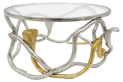 Produktbild von Runder Couchtisch VIPEREA, 67 cm, aus silbernem und goldenem Aluminium mit gehärtetem Glas