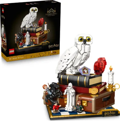 A LEGO Harry Potter set featuring Hedwig the owl, books, and minifigures, displayed with its packaging.